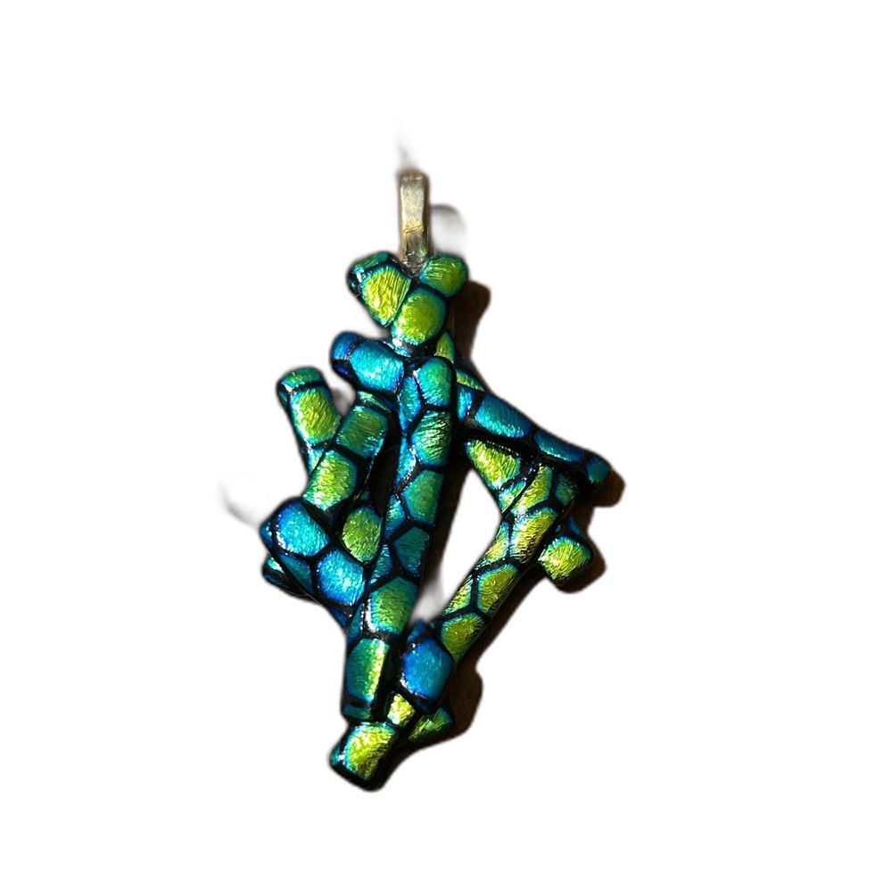 Chunky 3” Dichroic Fused Glass Slide Pendant Blue Green Iridescent Statement Art